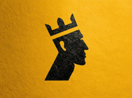 A silhouette depicts a king's profile wearing a crown, set against a textured yellow background. The composition uses high contrast, with the black silhouette creating a bold visual. Suitable for conceptual illustrations, the image suggests themes of royalty, power, and leadership, potentially for graphic design or editorial projects.の素材
