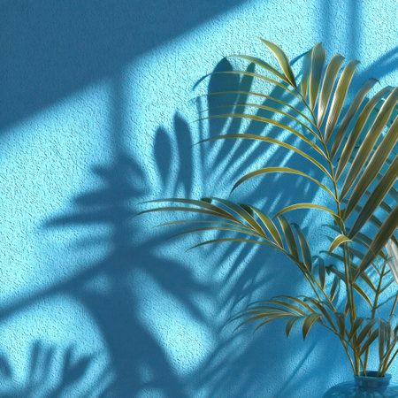 A close-up image showcases palm fronds casting a strong shadow on a textured, light blue wall. The composition highlights the contrasting interplay of light and shadow, with the leaves' intricate patterns. Suitable for various applications, including interior design concepts, decorative artwork, and editorial illustrations.の素材