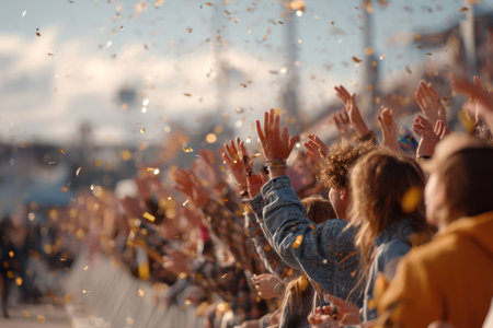 A crowd of people with raised arms celebrates, illuminated by sunlight. Golden confetti falls from above, creating a festive atmosphere. The composition emphasizes the motion of the scene. This image is suitable for editorial use, event promotion or illustrating concepts of celebration.の素材