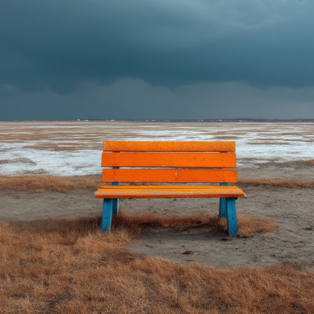 An empty orange bench stands on a shoreline against a dramatic sky. The scene features a sandy beach and a body of water. The composition is a wide shot with natural lighting, suitable for various editorial and commercial applications. The image conveys a sense of tranquility.の素材