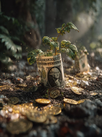 An artistic composition features a dollar bill wrapped around a growing plant, symbolizing financial growth. The image uses earth tones with golden coins scattered, and a bokeh effect adds a soft ambiance. It could be used for various commercial projects related to finance, investment, or environmental concepts.の素材