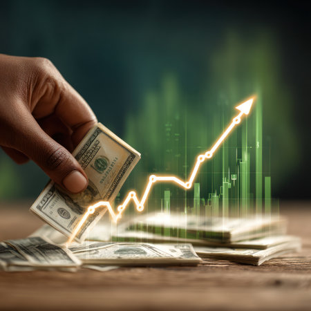A dark-skinned person's hand holds banknotes, a visual representation of financial growth and investment. The composition features a rising graph overlaying cash, suggesting increasing financial performance. The lighting creates a contrast, highlighting the subjects against a blurred backdrop, ideal for various commercial applications.の素材