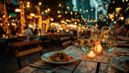 A close-up view presents a wooden table set for dinner, featuring wine glasses and a plate with food. The warm lighting from string lights and candles creates a cozy ambiance. The scene suggests an outdoor restaurant setting with blurred figures in the background. It could be used for food, lifestyle, and leisure concepts.の素材
