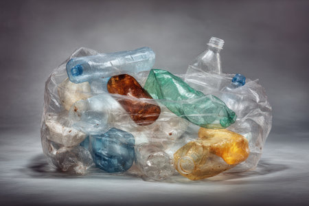 A close-up view displays a transparent bag filled with various plastic items. The composition features a mix of colorful plastic bottles and containers. The lighting is soft and diffused, creating shadows. This image would be suitable for environmental awareness campaigns and editorial content.の素材