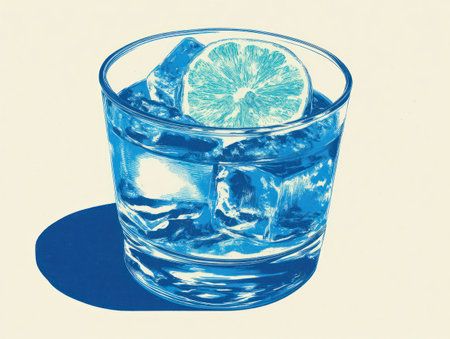 An illustrated cocktail featuring a glass filled with ice cubes and a lime slice, set against a cream-colored backdrop. The image utilizes blue tones to depict the liquid and ice, creating a cool and inviting visual. Suitable for editorial purposes, the illustration could be used in articles related to refreshment or beverages.の素材