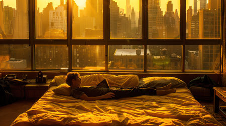 A person rests on a bed near a window, gazing at a laptop. The room is bathed in warm, golden light from a cityscape at sunset. The composition presents a sense of contemplation. Suitable for various editorial and commercial applications.の素材