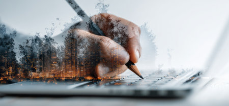 An image shows a person's hand holding a pencil, writing on a laptop keyboard. Overlayed on the hand and keyboard is an abstract image of a forest scene. The composition uses soft lighting and a shallow depth of field. The image is suitable for a variety of editorial or commercial purposes.の素材