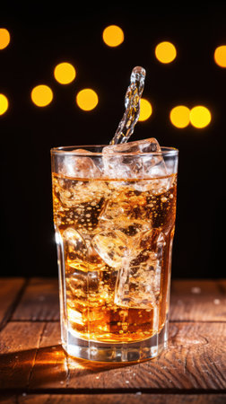 A close-up captures a transparent glass holding a cold beverage with ice cubes. A splash of liquid rises upwards. The composition features wooden textures and a dark background adorned with golden bokeh lights, suggesting a festive environment suitable for various commercial applications.の素材