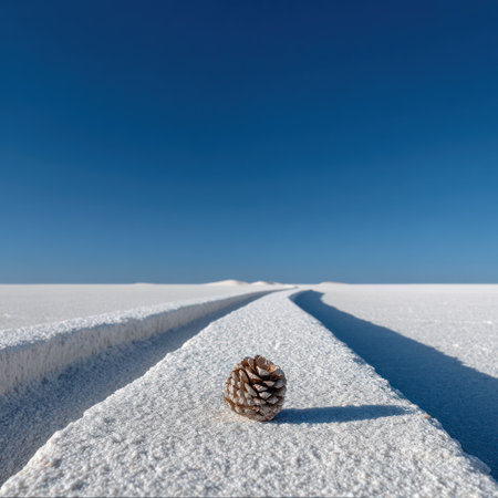 A single pine cone sits on a white path that extends toward the horizon. The composition uses a low angle with a vast, clear blue sky overhead. The scene evokes a sense of tranquility and space. This image could be used for various projects needing a natural, serene background.の素材