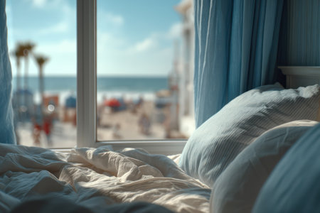 An interior shot features a bedroom with a view of a beach and ocean through a window. The focus is on the bed, covered in white linens, with pillows. Soft blue curtains frame the window. The scene suggests a sunny day with potential uses for lifestyle or travel themes.の素材