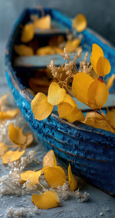 An aged blue boat, brimming with vibrant yellow petals, sits against a textured surface. The composition showcases a close-up perspective, highlighting the contrasting colors and textures. Soft lighting creates an inviting atmosphere. Suitable for a range of creative projects, this image could enhance various design concepts.の素材