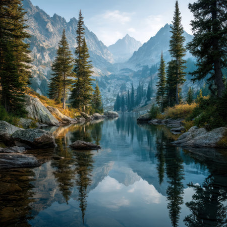 A tranquil landscape features a calm lake reflecting mountain peaks and evergreen trees. The scene showcases natural elements such as water, rocks, and lush greenery. The composition utilizes a symmetrical design and soft lighting conditions. Suitable for travel brochures, environmental projects, and website backgrounds.の素材