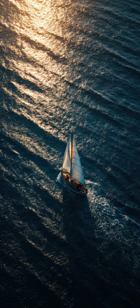 An overhead shot captures a sailboat navigating open waters with white sails. The scene presents dark blue ocean waves illuminated by overhead sunlight, creating reflections. The image features a high-angle perspective, possibly suitable for nautical themes, travel, or general illustrative use.の素材