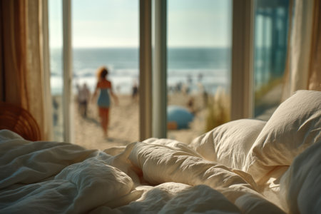 An inviting interior showcases a comfortable bed with soft bedding, contrasted by a blurred beach scene outside a large window. The natural daylight illuminates the room, highlighting the textures of the linens. This image could be used for promoting travel destinations or lifestyle content, providing a sense of relaxation.の素材