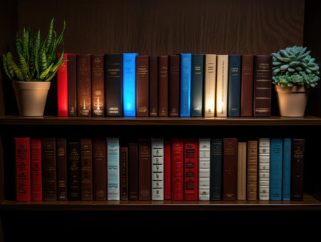 A wooden shelf displays books of varying sizes and colors, complemented by potted plants on either end. The arrangement utilizes warm lighting, highlighting the textures of the books and wood. This image could be suitable for educational materials, interior design concepts, or general background use.の素材