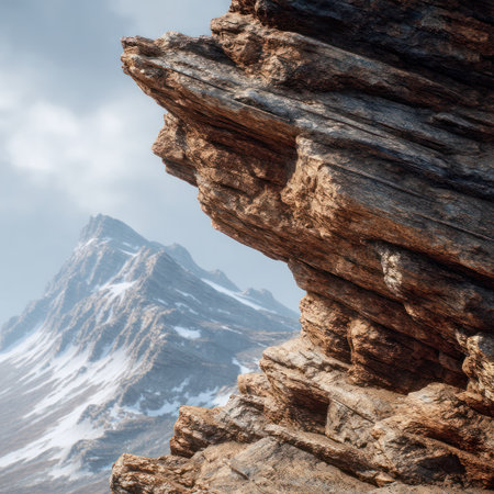 A close-up view presents a textured rock face contrasted with distant mountain peaks. The composition highlights weathered rock formations with various shades of brown and gray. The scene, captured under a cloudy sky, suggests a high-altitude outdoor setting. Suitable for various projects including environmental themes, and scenic visuals.の素材