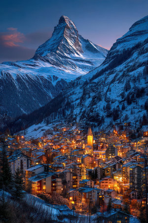 An aerial view presents a snow-covered mountain peak dominating the frame, overlooking a village. The scene features warm lights contrasting against the cold blues and whites. The composition may be suitable for travel, tourism, or scenic landscape imagery.の素材