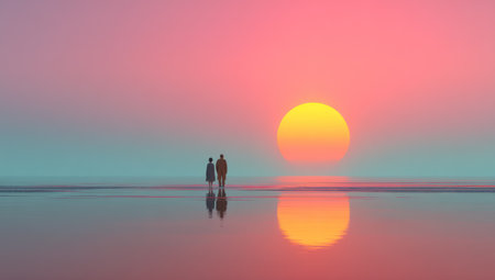 Two figures stand silhouetted against a vibrant sunset, reflected in a still body of water. The scene displays a gradient of pink, orange, and blue hues. The composition features a symmetrical balance with a central sun. Suitable for various creative projects, including editorial features and visual marketing.の素材