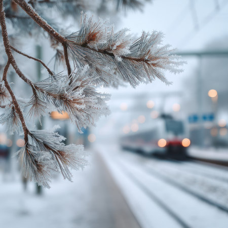A frosted pine branch is in sharp focus against a blurred backdrop featuring a railway station and a passing train. The image displays a cool color palette with white, grey, and touches of warm light. The composition suggests a winter setting with natural and urban elements. Suitable for diverse editorial and commercial applications.の素材