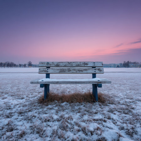 A wooden bench sits in a snowy field beneath a pastel sky. The image displays a tranquil scene with textures of white snow and aged wood. The composition uses symmetry with a distant horizon. This image could be suitable for editorial content, websites, or print materials.の素材