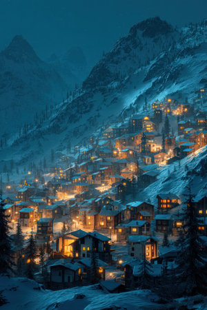 A nighttime scene reveals a village clinging to the side of a snow-covered mountain. The houses and buildings glow with warm interior lights. The composition is a detailed illustration with a cinematic aesthetic. The overall mood of the image is peaceful and serene, suitable for various editorial and commercial projects.の素材