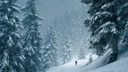 An individual skis through a snow-covered forest in this photograph. The scene is dominated by tall, evergreen trees dusted with fresh snow, creating a monochromatic palette of whites and blues. The overall composition is a landscape, with diffused lighting hinting at a cloudy day. This image can be used for diverse commercial purposes.の素材