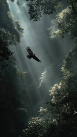 An airborne bird is captured mid-flight, set against a backdrop of a dense forest. Sunlight streams through the trees, highlighting the bird and creating a dramatic effect. The image features a dark, moody palette with contrasts between light and shadow. Suitable for editorial use, or for projects needing a nature-themed image.の素材