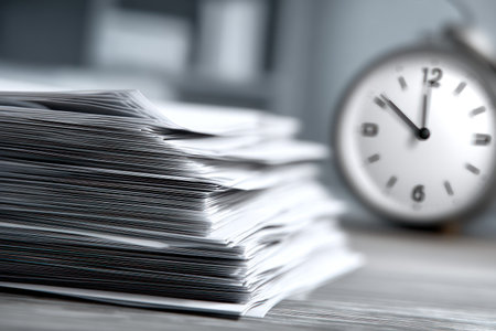 A close-up photograph displays a substantial stack of paper and an analog clock. The image highlights the texture of the papers with a shallow depth of field. The composition includes a blurred background, creating an environment that implies office work or study. This image is suited for various commercial applications.の素材