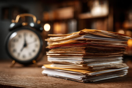 A stack of papers sits next to an alarm clock on a wooden surface. The papers show shades of yellow and brown, and are in sharp focus, while the clock is partially blurred. The overall lighting suggests an indoor setting. This image could be used for editorial purposes.の素材