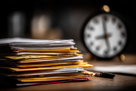 A pile of papers and envelopes sits on a wooden desk, with an analog clock in the background, suggesting office work. The image features a shallow depth of field, highlighting the textures of the documents. The lighting is focused, creating a contrast between light and dark. Ideal for illustrating business concepts or time-sensitive projects.の素材