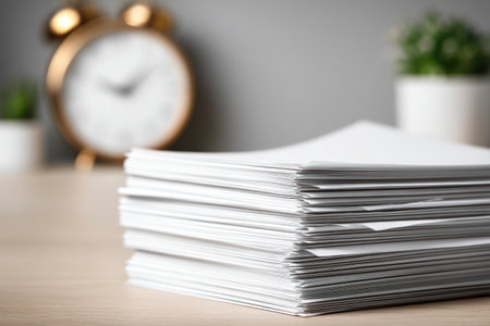A pile of white envelopes dominates the foreground, showing crisp edges and textures. An out-of-focus golden clock rests on a wooden surface behind the envelopes. The composition uses shallow depth of field, with soft lighting enhancing the neutral tones of the setting. It could be used for office themes or editorial illustrations.の素材