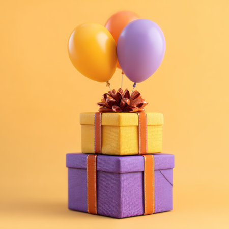 This image features a stack of colorful gift boxes, topped with balloons, against a vibrant yellow background. The composition uses a minimalist style with smooth textures and bright colors. The overall aesthetic suggests a festive environment, suitable for various commercial uses such as promotional materials or celebratory designs.の素材
