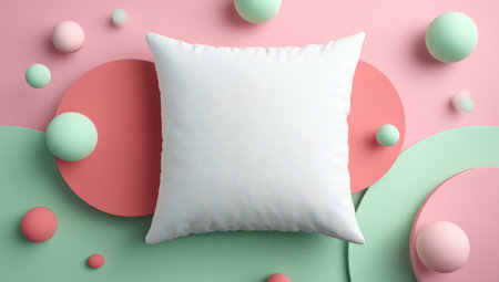 A square white pillow sits centrally against a backdrop of soft green and pink spheres and circular shapes. The composition features an overhead view with diffused lighting, suggesting a studio setting. This image is suitable for advertising, product promotions, and lifestyle content.の素材