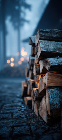 This image showcases a neatly stacked pile of firewood, prominently displayed against a blurred backdrop. The composition highlights the textures and colors of the wood. The lighting suggests an outdoor environment, possibly at dusk or dawn. It could be used for various purposes, including editorial illustrations or commercial designs.の素材
