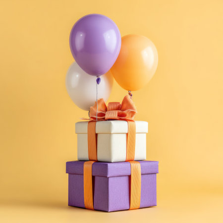 This image showcases a stack of gift boxes, tied with ribbons, beneath three floating balloons. The composition uses a warm color palette with the boxes and balloons. The image features a studio setting with soft lighting and empty space. Suitable for various projects, including advertising or promotional materials.の素材