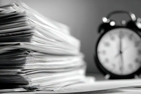 A close-up captures a stack of paper sheets and a classic alarm clock. The monochrome image showcases the texture of the paper and the design of the clock, likely suggesting time management. Suitable for illustrating concepts related to business, deadlines, or productivity in a commercial context.の素材