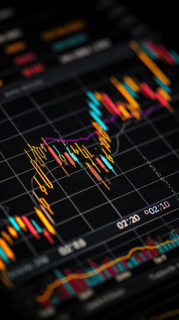 This image features a detailed chart showcasing financial data with multiple colored lines and indicators. The composition uses a dark background, highlighting the vibrant colors and creating a digital aesthetic. Suitable for presentations on economics, business reports, or any content exploring market trends.の素材