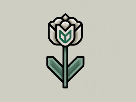 A simple depiction features a white flower with green accents on a beige backdrop. The composition is symmetrical and flat, using a minimalist style. The artwork may be suitable for various applications, including design elements, patterns, and editorial usage. The artwork has a vintage feel.の素材