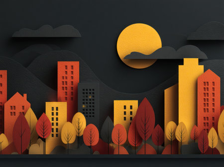 An artistic representation showcases a cityscape crafted from paper. The image features buildings of varied heights and colors, set against a dark backdrop. A radiant sun and layered clouds add depth to the scene. This visually appealing artwork is suitable for editorial and commercial applications.の素材
