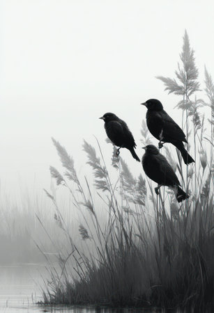 Three black birds are showcased atop long grass near water in a grayscale illustration. The artwork emphasizes a minimalist composition and contrasts the dark birds against a hazy background. Suitable for various applications, this image can be used for artistic, editorial, or commercial purposes.の素材
