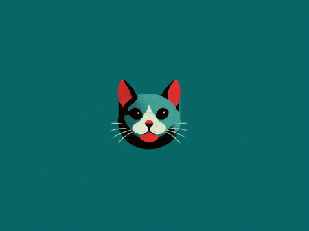 A simplified cat head illustration features a teal face with red ears, white accents, and a red mouth. White whiskers extend from the face against a teal backdrop. This vector graphic is suitable for various applications, including print and digital projects. The composition allows for flexibility in commercial and editorial contexts.の素材