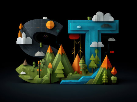 This graphic showcases the letters S and T rendered with a 3D effect. It features stylized mountains, trees, clouds, and an orange sun against a dark background. The artwork's flat colors and geometric shapes suggest a digital art style. Suitable for various design projects and visual communication needs.の素材