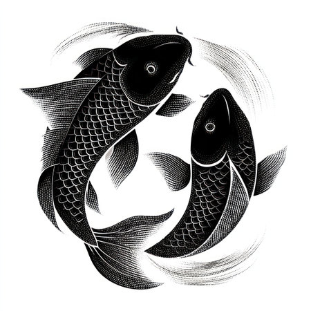 Two black fish are depicted in a stylized graphic, forming a circular composition. The image showcases detailed textures and contrasting elements. Presented against a white backdrop, the artwork has potential uses for design, illustrating concepts of duality or balance in various creative applications.の素材