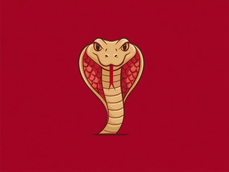 A digital illustration displays a cobra head in a striking, symmetrical composition. The design incorporates a detailed drawing, featuring a red background. This graphic is suitable for a wide range of uses, including promotional materials, educational resources, and decorative purposes.の素材