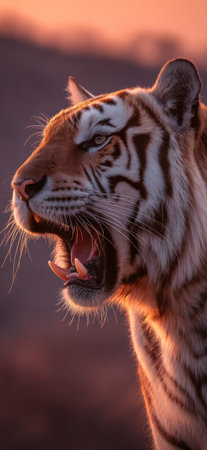 A close-up portrait shows a tiger with its mouth open, possibly roaring. The animal's orange and black fur is prominent, set against a blurred background of warm colors, suggesting a sunset. The image displays a dramatic composition, suitable for various editorial and commercial applications.の素材