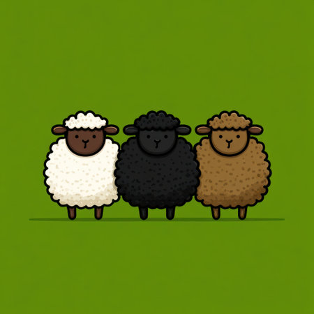 This illustration presents three cartoon sheep with fluffy wool. The sheep come in white, black and brown. They are set against a solid green background. This image could be suitable for various design projects, marketing materials, or educational content. The image is simple and eye-catching.の素材