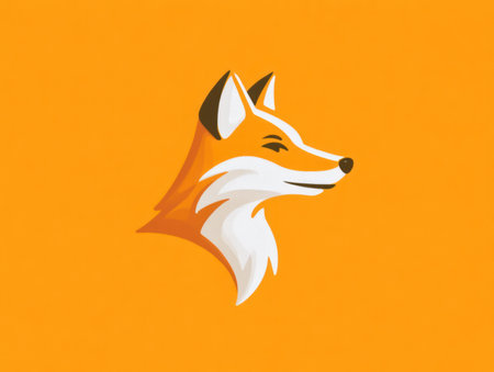 A vibrant illustration showcases the profile of a fox's head. The artwork features warm orange and brown tones with white accents. The composition is simple, with a focus on clean lines and a modern style. The design could be used in various commercial applications.の素材