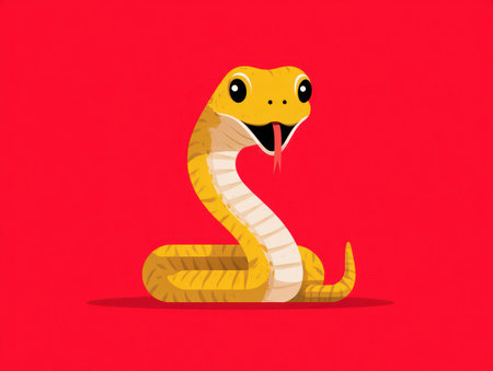 A cartoon illustration presents a yellow snake with black eyes and a protruding red tongue. The snake is rendered in a simplified style, with a primarily yellow and light brown color palette. The background is a solid red color, and the overall composition appears clean and modern. Suitable for various design applications and commercial purposes.の素材