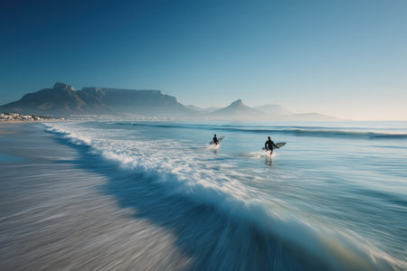 Two figures carry surfboards through shallow water toward incoming waves. The image features a long beach under a bright blue sky. The scene is illuminated by natural light, showing soft tones and textures. This composition could be suitable for promotional materials or editorial content.の素材