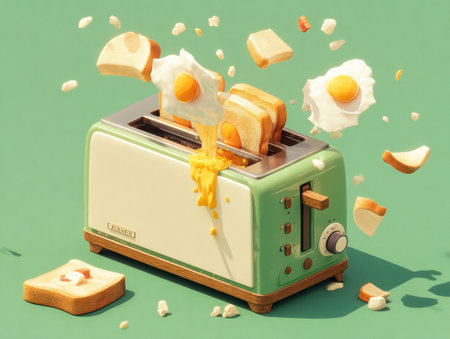 A digital illustration depicts a retro-styled toaster with slices of bread and eggs. The image showcases a light green and beige color palette. The composition has an overhead perspective. This image could be suitable for use in advertising campaigns or editorial content.の素材